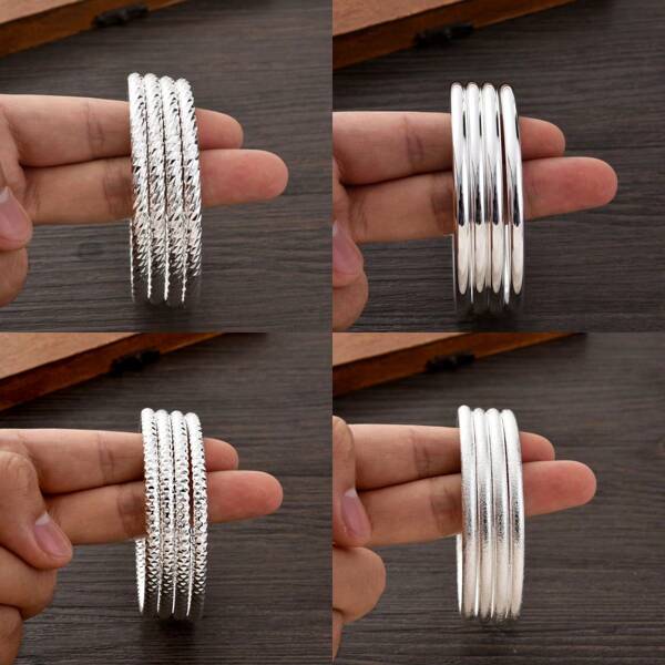 4pcs Silver-Color Classic Minimalist Thin Bangles, Elegant Women Bangles, Middle Eastern & African Style Bracelets, Great For Birthday, Party, Holiday Gifts