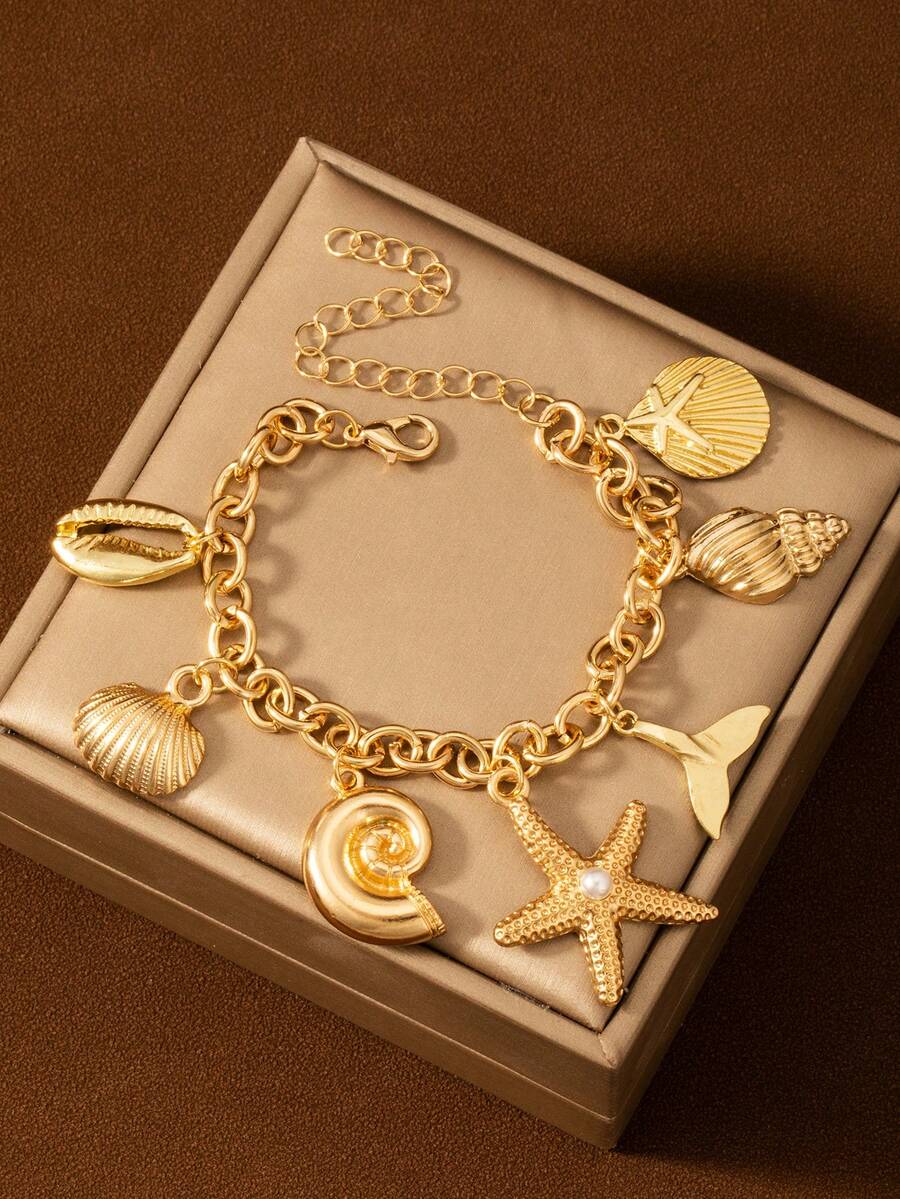 1 chiếc vòng cổ mặt trái tim hình sao biển bằng thép không gỉ vàng 18K sang trọng, vỏ sò, vòng tay mặt dây chuyền phong cách thép không gỉ không phai màu, không hộp - Kiểu 10 - Xem 1