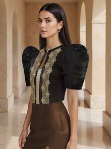 1件 Amyenjoylife 现代菲律宾风情女式衬衫，时尚薄纱蕾丝拼接设计优雅衬衫，纽扣衬衫，春夏款，蝴蝶袖菲律宾风情，女士菲律宾短款上衣，黑色 - 黑色 - 查看 1