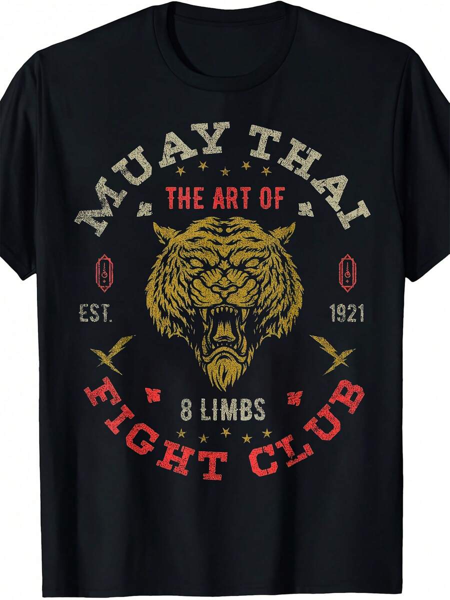 Men's Muay Thai Retro Pattern T-Shirt Black Retro Fighting Club Design, Breathable Fit Casual Style Martial Arts Enthusiast Bold Geometric Print - Black - View 1