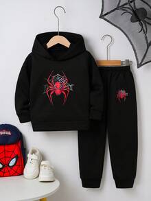2pcs/Set Fashionable Casual Sports Spider Print Hooded Sweatshirt & Pants Outfit For Toddler Boys, Autumn/Winter - Black - View 1