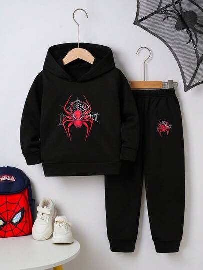 2pcs/Set Fashionable Casual Sports Spider Print Hooded Sweatshirt & Pants Outfit For Toddler Boys, Autumn/Winter