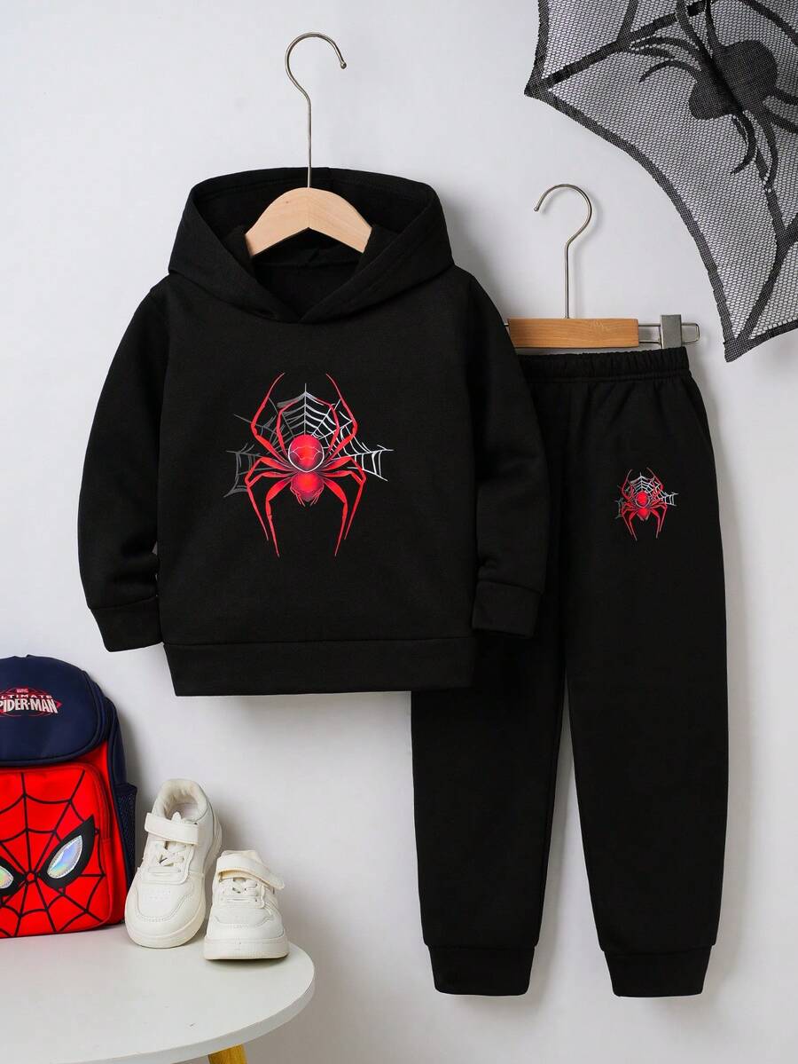 2pcs/Set Fashionable Casual Sports Spider Print Hooded Sweatshirt & Pants Outfit For Toddler Boys, Autumn/Winter - Black - View 1