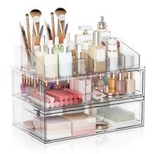 3 Tier Clear Acrylic Cosmetic Storage Organizer With Drawer, Cosmetic Storage For Dresser Countertop And Bathroom Vanity, Beauty Holder For Lipstick Brush Skincare, Lightweight, Scent-Free, Easy To Install - Transparent Cosmetic Storage Organizer-3Tier - 查看 1