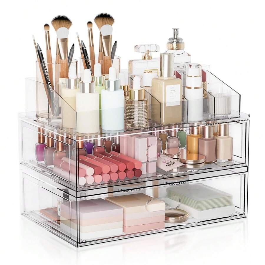 3 Tier Clear Acrylic Cosmetic Storage Organizer With Drawer, Cosmetic Storage For Dresser Countertop And Bathroom Vanity, Beauty Holder For Lipstick Brush Skincare, Lightweight, Scent-Free, Easy To Install - Transparent Cosmetic Storage Organizer-3Tier - 查看 1