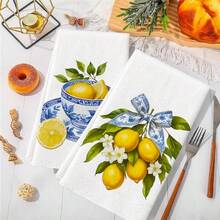 2pcs Yellow Lemon Tree Potted Plant Print Towels, 40cm*60cm Microfiber Modern Absorbent Cleaning Cloths, Cooking Baking Tea Towels, Dishcloths, Hand Towels, Super Soft, High Absorbency, Kitchen Decor, Neighbor Gift, Mom Gift, Birthday Gift, Sweet Housewarming Gift For Friends, Kitchen Accessories, Daily Necessities, Life Essentials - Multicolor - View 6