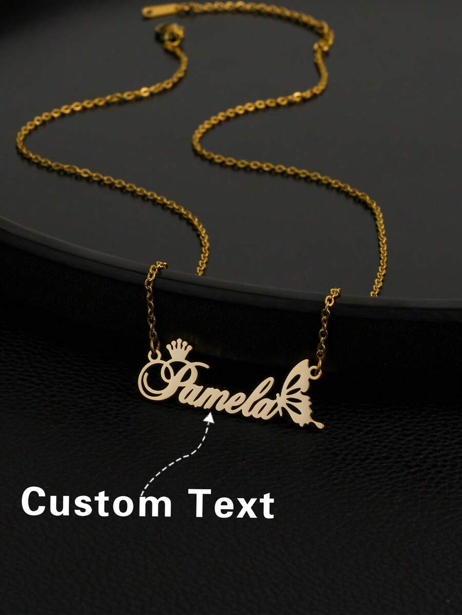 Collar con placa con logo personalizado de corona y mariposa, regalo de joyería personalizada para amigos, familia, cumpleaños, vacaciones, aniversario, adecuado para fiestas y vacaciones, moda de otoño, retro