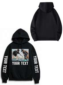 Customized Men's Hoodie, Personalize With Your Photo/Group Photo/Couple/Couples/Family/Friend/Pet/Landscape, Input Your Desired Text, Men's Black Sweatshirt, Men's Fleece Hoodie, Valentine's Day Customization, Autumn Clothing, Best Friend Gift, Christmas Personalized, Winter Men's Wear, Valentine's Day/Father's Day/Anniversary/Birthday Gift, Gift For Him, Halloween Hoodie, Christmas Hoodie - Black - View 3