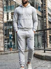 男士抓绒连帽衫和运动裤两件套，加厚保暖连帽套头衫和抽绳慢跑裤，秋冬季 - 灰色 - 查看 6