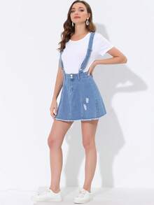 Women's Denim Skirt Overall Adjustable Strap Braces Mini Suspender Washed Spring Summer Jean Skirts - Xanh lam bị sờn - Xem 2