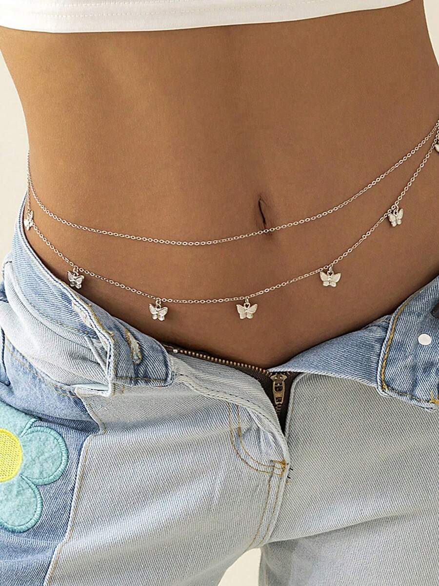 1pc Double Layer Tassel Butterfly Pendant Waist Chain - Silver Butterfly - View 1
