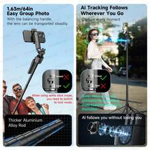 3-In-1 Extendable Aluminum Alloy Bluetooth Selfie Stick With 360° Rotatable Tripod, Auto Face Tracking For Smartphones, Wireless Remote, Compatible With IPhone 16/15/14/13/12 Pro, Android Phones, Black - Multicolor - View 4