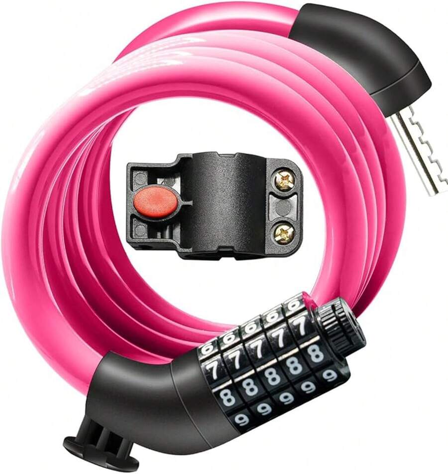 Bike Lock Cable With Combination,High Security 5-Digit Resettable Combination Bicycle Lock Anti-Theft, With Mounting Bracket For Bikes And Scooters - Pink-12mm - View 1