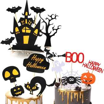 15 piezas Decoraciones para pastel de Halloween, decoraciones para tarta con temática de casa encantada/calavera/bata/catáver/Spíder/cráneo, esenciales para la mesa del postre de fiesta de cumpleaños, elementos lindos y oscuros para fijar la atmósfera de Navidad, postre festivo Accents, ambientador decorativo de fiestas Enhancer
