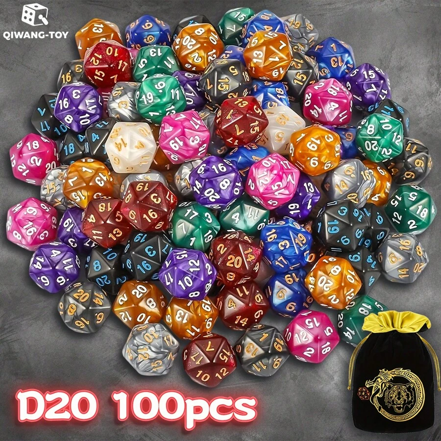 D-N-D 多面骰子（100 个）带骰子袋，兼容 D&D RPG MTG 角色扮演桌面游戏（D20 骰子，10 种颜色 - 100 个） - 彩色 - 查看 1