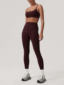 Sodalemon 女士纯色加厚运动文胸和瑜伽紧身裤两件套，简约设计，适合健身训练 - 酒紅色 - 查看 5