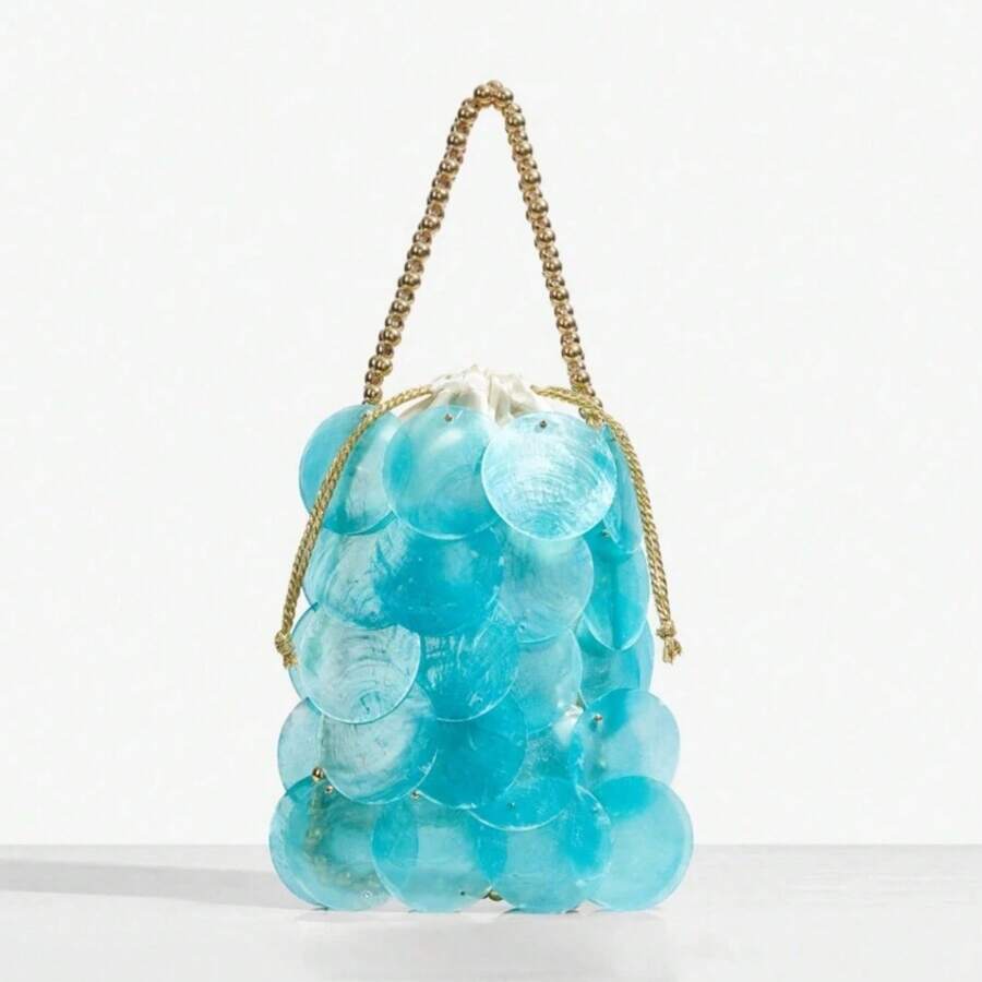 Women Fashion Shell Woven Handbag Chic Shell Beach Bag Beaded Chain Bag For Summer Travel Beach Party - 藍色 - 查看 1