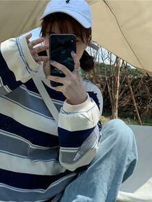 Camiseta de manga larga a rayas para mujer Camiseta larga de mujer - Gris - Ver 6