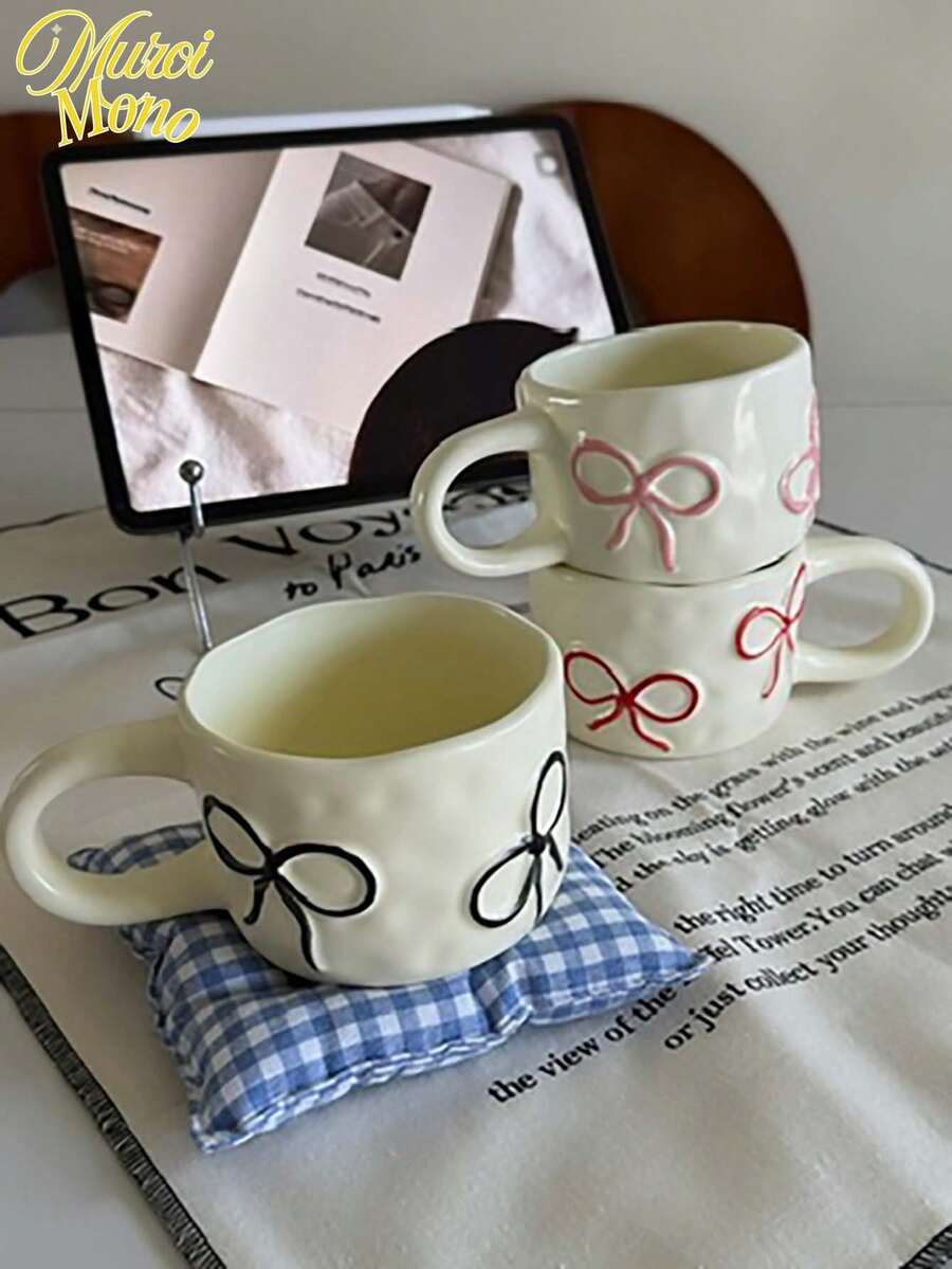 1 件 3D 手绘蝴蝶结马克杯，3D 浮雕手绘蝴蝶结陶瓷杯奶油色手工造型陶瓷礼品杯，适用于餐厅、客厅、咖啡厅、派对使用