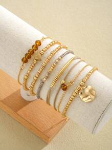 11/7pcs Fashionable, Elegant, Delicate, Retro Multilayer Stacking Bracelet Set With Pearl Beads, Faux Gems, Geometric Shapes, Waxed Cord, Snake Chain, Braided Chain, Box Chain, Smooth Links, Minimalist Style, Suitable For Holidays, Parties, Dates, Gifts, Daily Wear