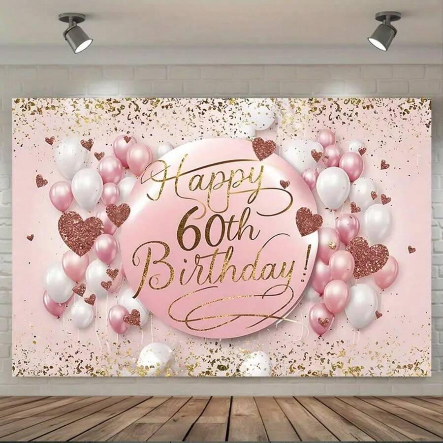 1 Fondo de pancarta para fiesta de cumpleaños 60 - Accling dorado brillante, rosa y blanco con confeti en forma de corazón, fondo de cabina fotográfica de fibra de poliéster adecuado para celebraciones interiores/exteriores, decoración de pared del hogar para todas las estaciones, decoraciones de paredes navideñas Decoración temática brillante + Decoración interior y exterior, Decoración de fiesta