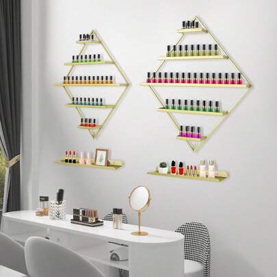 Présentoir à vernis à ongles Diamond à cinq niveaux, lot de quatre pièces : présentoir mural en métal doré, étagères murales flottantes simples, présentoir combiné pour huiles essentielles et parfums, pour salon de manucure.