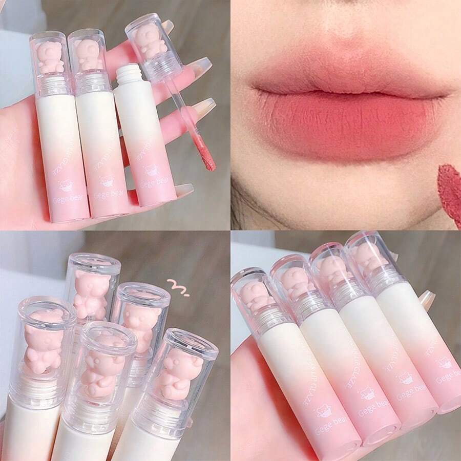 1 Pc Cute Bear Design Matte Velvet Lip Gloss, Everyday Lip Makeup - 彩色 - 查看 1
