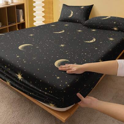 2/3件套黑色星月图案床上用品套装（不含填充物），卧室床裙套装，采用超细纤维材质，透气舒适，包含1个床垫套和1/2个枕套，提供加大号、大号、标准双人床、单人床尺寸，深口袋设计，最大可达11.8英寸，抗皱，提升睡眠质量，可机洗，适合宿舍、开学季等场合。