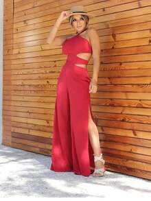 Women's Long Jumpsuit, Loose Viscose Pantaloons, Tie-Up - Đỏ - Xem 2