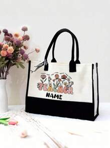 Customizable Teacher Handbag For Teachers And Classmates During Back-To-School Season, Durable Nylon Foldable Large Capacity Women's Handbag With Tassel Handle, Perfect Gift For Teachers' Day, Thanksgiving, Work, Travel And Beach Use, Educational Themed Design, Sturdy Load-Bearing Handle