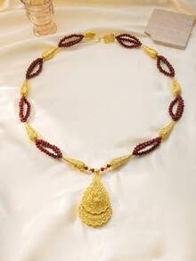 Herseygold 1pc Fashionable Beaded Necklace Pendant, Gold-Plated Jewelry, Algerian Wedding Bridal Long Necklace For Women - Gold - View 4