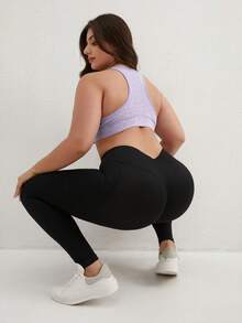 加大码高腰瑜伽紧身裤，带口袋，收腹运动跑步瑜伽裤，女款 - 黑色 - 查看 6