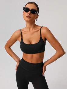 Sodalemon Women's Solid Color Thick Sports Bra & Yoga Leggings 2 Pieces Set, Minimalist Design For Fitness Training - 黑色 - 查看 6