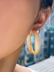 1 par de pendientes de aro grandes y gruesos con circonita cúbica microempotrada estilo Dubai, chapados en oro amarillo, joyería de circonita cúbica para mujeres, adecuada para novias, bodas, compromisos, banquetes, fiestas, damas de honor, regalo para la madre