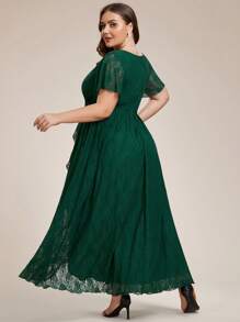 Plus Size V Neck Short Sleeves Pleated High Low Mother Of Bride Lace Dresses
