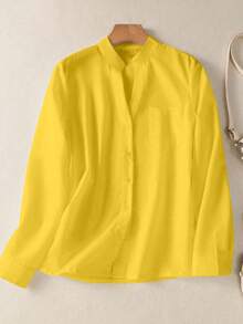 Women's Solid Color V-Neck Button-Up Blouse - Long Sleeve Casual Elegant Top With Decorative Pocket Detail For Festival Travel & Everyday, Spring Summer Fall Winter All-Season Essentials
