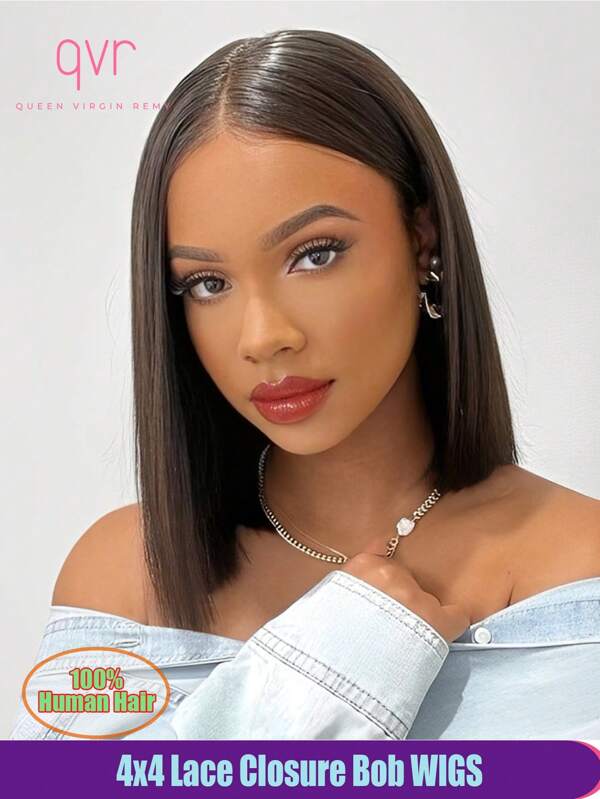 QVR QUEEN VIRGIN REMY Peruca Bob de Cabelo Humano 100% Remy com Fechamento de Renda 4x4, Peruca Frontal de Renda de Cabelo Humano, 8 a 10 Polegadas, 180% de Densidade, Preto Natural, Sem Cola, Fácil de Usar e Cuidar