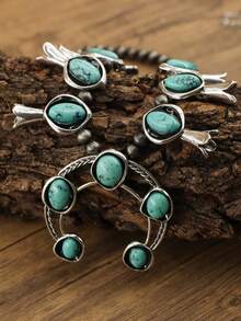 1 件西部乡村风格时尚氧化南瓜花镶嵌绿松石串珠项链，适合女性日常搭配，珍珠首饰套装礼物 - 綠松石色 - 查看 4