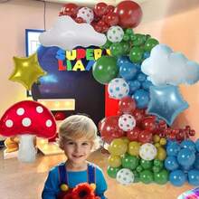118Pcs Red Blue Yellow Green Rainbow Circus Balloons Garland Arch Kit With Star Mushroom Cloud Balloons For Baby Shower Birthday Decoration Cartoon Video Game Carnival Themed Parties - 紅色金色藍色黃色綠色 - 查看 6