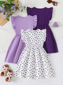 Bộ 3 món thời trang mùa hè cho bé gái, gồm váy tay bồng in hình trái tim và váy phối màu trơn, thích hợp cho ngày Valentine. - Màu tím - Xem 2