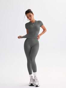 FWH 1. 可爱纯色露脐上衣，弹力修身圆领甜美时尚百搭外套，优雅高腰显瘦休闲收腹日常基础款舞蹈服拉长腿部线条提臀街头跑步瑜伽两件套，春夏款 - 深灰色 - 查看 5