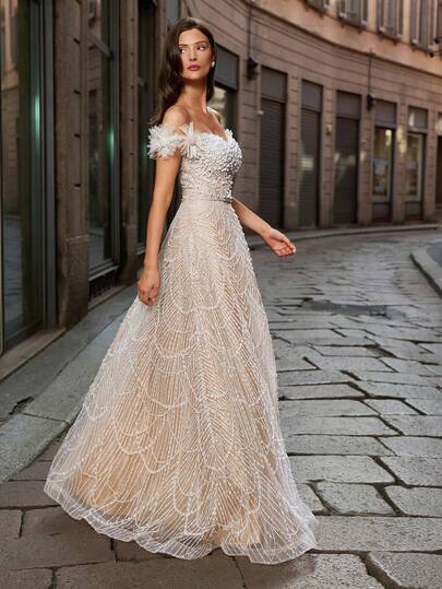 Faeriesty Women Elegant Haute Glamour Sophisticated Off-Shoulder A-Line Evening Gown For Ladies: Featuring Exquisite Bead Embellishments On The Bodice, Feather-Fringed Tulle Short Sleeves, And A Fitted Waist Flowing Into A Multi-Layer Tulle With Intricate Beaded Accents. Perfect For Gala Dinners, Red-Carpet Events, Ballroom Dances, Formal Wedding Receptions, And Opera Galas New Year Outfit,Summer Holiday Outfits