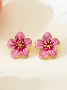 1 Pair Delicate Miniature Vacation Style Pink Enamel Flower Stud Earrings, Suitable For Women's Daily/Vacation/Date Wear