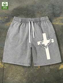 290g Washed Shorts, Cross Design Printed Summer Men's Retro Washed Casual Street Sports Shorts, Comfortable And Breathable, Suitable For Daily Wear, Adjustable Drawstring Waist Circumference, Elastic Waistband And Pocket - Xám - Xem 1