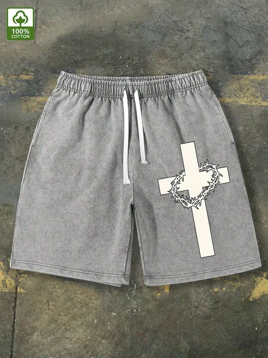 290g Washed Shorts, Cross Design Printed Summer Men's Retro Washed Casual Street Sports Shorts, Comfortable And Breathable, Suitable For Daily Wear, Adjustable Drawstring Waist Circumference, Elastic Waistband And Pocket - Xám - Xem 1