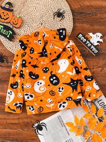 Young Boy Casual Flannel Long Sleeve Hooded Fleece Sweatshirt With Halloween Pumpkin Print, Suitable For Spring, Autumn And Winter - Orange - View 2