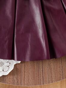 Girls 3 Pieces Set: Round Neck Sleeveless Top, Burgundy Long Sleeve PU Leather Jacket, Burgundy PU Leather Skirt, Elegant & Warm Outfit For Autumn/Winter