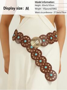 1 szt. Turkusowy pasek damski w stylu vintage, styl boho, styl zachodni, złoty pasek z okrągłą klamrą i ozdobnymi przelotkami, jednolity kolor, boho, skórzany pasek ze skóry PU, odpowiedni do sukienek, spódnic, koszul, spodni, szkoły, na wakacje, na co dzień, na imprezy