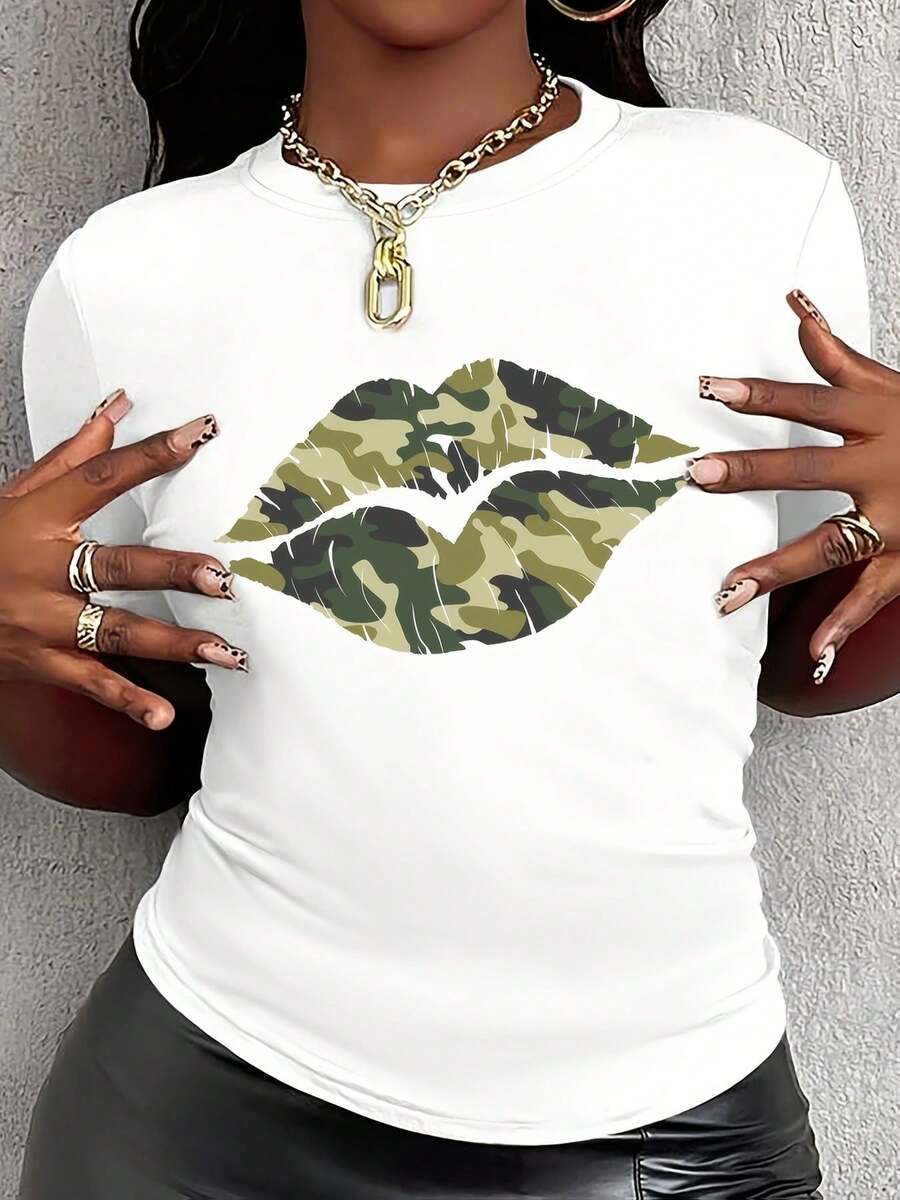 Camiseta informal de poliéster con cuello redondo, manga corta y estampado de camuflaje, largo normal, para toda la temporada, tejido de punto de 200 g/m². - Blanco - Ver 1