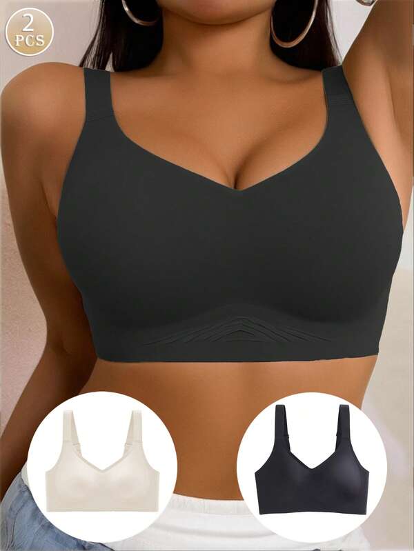 Conjunto de 2 peças de sutiãs plus size minimalistas e confortáveis, de cor sólida, casuais, para mulheres